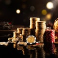 Casino game concept chips, playing cards, golden coins on black Royalty Free Stock Photo