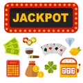 Casino icons set with roulette gambler joker slot machine poker game vector illustration.