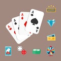 Casino game poker gambler symbols blackjack cards money winning roulette joker vector illustration. Royalty Free Stock Photo