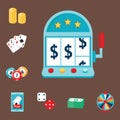 Casino game poker gambler symbols blackjack cards money winning roulette joker vector illustration. Royalty Free Stock Photo