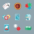 Casino game poker gambler symbols blackjack cards money winning roulette joker vector illustration. Royalty Free Stock Photo