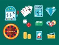 Casino game poker gambler symbols blackjack cards money winning roulette joker vector illustration. Royalty Free Stock Photo