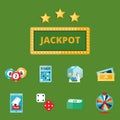 Casino game poker gambler symbols blackjack cards money winning roulette joker vector illustration. Royalty Free Stock Photo