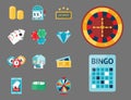 Casino game poker gambler symbols blackjack cards money winning roulette joker vector illustration. Royalty Free Stock Photo