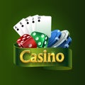 Casino logo on a green ribbon. The best casino games. Dice, cards, chips. Vector illustration Royalty Free Stock Photo