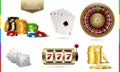 Casino golden icon isolated on white background. Chip, poker card, roulette, slot machine, coins money and white dice set Royalty Free Stock Photo