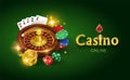 Casino on a green background. Dice gold coins cards roulette and chips. Vector illustration