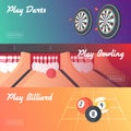 Casino Horizontal Banner Set (Darts, Bowling and Billiard). Flat Style. Clean Design.