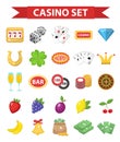 Casino icons, flat style. Gambling set isolated on a white background. Poker, card games, one-armed bandit, roulette