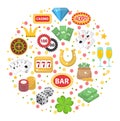 Casino icons in round shape flat style. Gambling set on a white background. Poker, card games, one-armed bandit Royalty Free Stock Photo