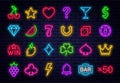 Casino icons for slot machine. Set of glowing neon gaming icons. Casino and gambling signs, fruits and online casino icons for Royalty Free Stock Photo