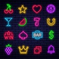 Casino icons for slot machine. Set of glowing neon gaming icons. Casino and gambling signs, fruits and online casino icons for Royalty Free Stock Photo