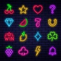 Casino icons for slot machine. Set of glowing neon gaming icons. Casino and gambling signs, fruits and online casino icons for Royalty Free Stock Photo