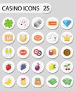 Casino icons stickers, flat style. Gambling set on a white background. Poker, card games, one-armed bandit
