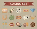 Casino icons, vintage style. Gambling set on a white background. Poker, card games, one-armed bandit, roulette Royalty Free Stock Photo