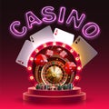 Casino illustration with roulette wheel, playing chips, dice, poker cards, retro arch and neon lettering. Vector illustration of g Royalty Free Stock Photo