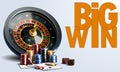 Casino illustration with roulette wheel, playing chips, dice, poker cards on white background Royalty Free Stock Photo