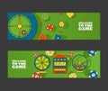 Casino invitation banners, vector illustration. Simple flat icons of gambling on green background, welcome to the game Royalty Free Stock Photo