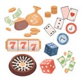 Casino items vector flat illustration. Roulette, golden coins, money, slot machine, poker chips, playing cards, dices. Royalty Free Stock Photo