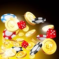 Casino and jackpot background - gambling chips, dice and money, coins Royalty Free Stock Photo