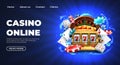 Casino landing page. Gambling roulette website big lucky prize, realistic 3D vector illustration 777 slot machine