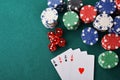 Casino leisure games cards and craps on felp top view Royalty Free Stock Photo
