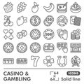 Casino line icon set, gambling symbols collection or sketches. Gaming and gambling solid line linear style signs for web Royalty Free Stock Photo