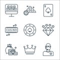 casino line icons. linear set. quality vector line set such as bouncer, monarchy, jackpot, diamond, spade, casino, card game, gold