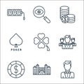 Casino line icons. linear set. quality vector line set such as croupier, casino, casino chips, croupier, clover, coins, search