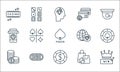 Casino line icons. linear set. quality vector line set such as monarchy, casino chips, coins, shopping bag, card game, phone,