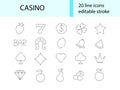 Casino linear icons bundle. Playing cards and crown. Slot machine signs set. Isolated vector stock illustration