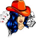 Casino logo with black hair girl, dices, cards, vector illustration Royalty Free Stock Photo