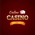 Casino - logotype concept, online casino typography design, game cards with the gold text on dark red background Royalty Free Stock Photo