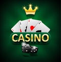 Casino marketing banner with dice and poker cards on green background. Playing jackpot and gambling casino games design