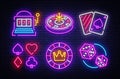 Casino neon collection vector icons. Casino Emblems and Labels, Bright Neon Sign, Slot Machine, Roulette, Poker, Dice Royalty Free Stock Photo