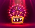Casino neon colorful fortune wheel, Neon slot machine wins the jackpot.
