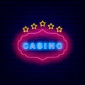 Casino neon sign with vintage frame. Gambling concept. Poker badge. Risk idea. Vector stock illustration