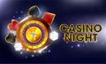 Casino Night banner or poster design with realistic roulette wheel, dices and playing card symbols.