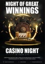 Casino night, black poster with casino roulette wheel with black playing cards, slot machine, dice and chips on podium. Royalty Free Stock Photo