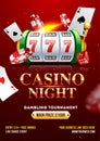 Casino Night Party template or flyer design with realistic slot machine, casino chips and playing cards.