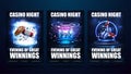 Casino night, set of blue digital invitation posters with slot machine, roulette wheel, playing cards, dice and poker chips Royalty Free Stock Photo