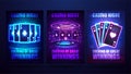 Casino night, set of invitation posters with neon playing cards with poker chips
