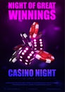 Casino night, violet poster with neon 3D dice with red and black realistic gambling stack of casino chips