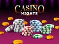 Casino Nights banner or poster design with 3d illustration of casino chips, gold coins on purple.