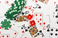 Casino objects playing cards dice casino chips isolated on white for playing chance and gambling games Royalty Free Stock Photo