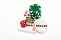 Casino objects playing cards dice casino chips isolated on white for playing chance and gambling games Royalty Free Stock Photo