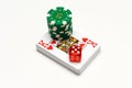 Casino objects playing cards dice casino chips isolated on white for playing chance and gambling games Royalty Free Stock Photo