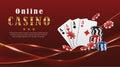 Casino online background. Red luxury wavy banner with golden lines. Cards and flying playing chips. Royalty Free Stock Photo