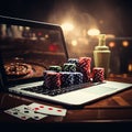 casino online. laptop with roulette chips and playing cards.