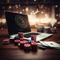 casino online. laptop with roulette chips and playing cards.